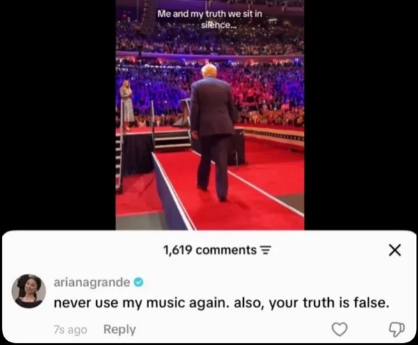 Comentariul Arianei Grande de pe TikTok, care ulterior a fost șters/FOTO: X @OunkaOnX