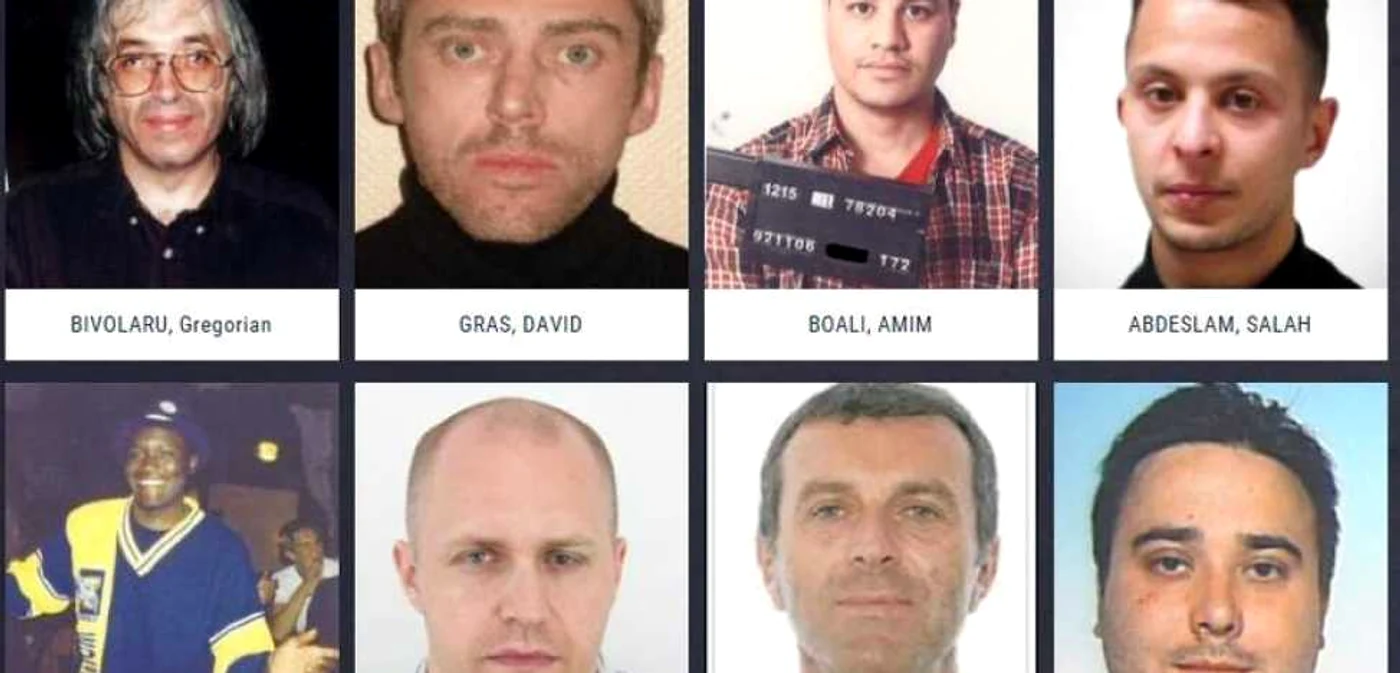 Românul Gregorian Bivolaru (stânga sus), alături de cei mai periculoşi infractori europeni, aşa cum e cazul teroristului Salah Abdeslam (dreapta sus). FOTO Captura europemostwanted.eu