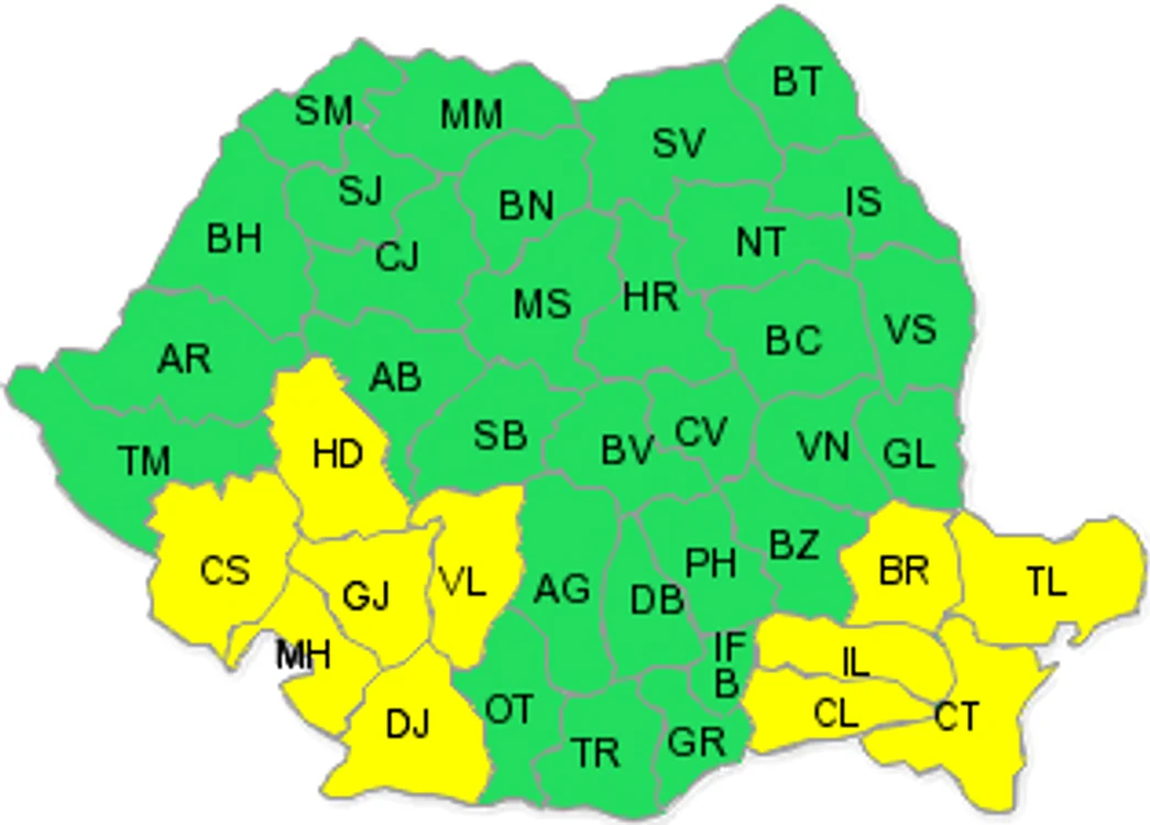 
    Harta județelor afectate de codul galben  