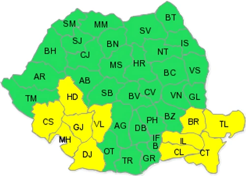 Harta județelor afectate de codul galben