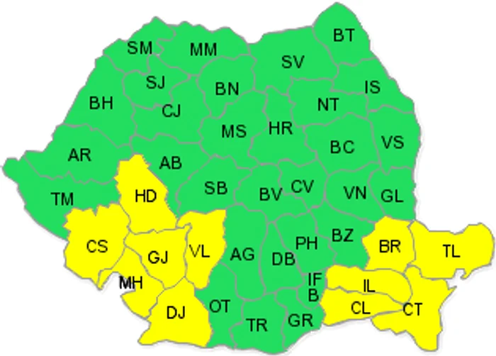 
    Harta județelor afectate de codul galben  