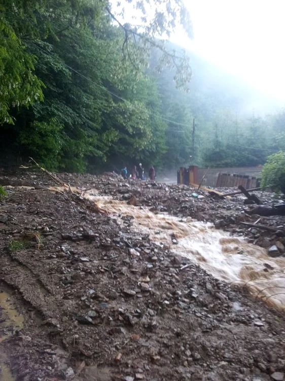Viitura de pe versant a acoperit drumul cu aluviuni. Foto: Nicula Mihai