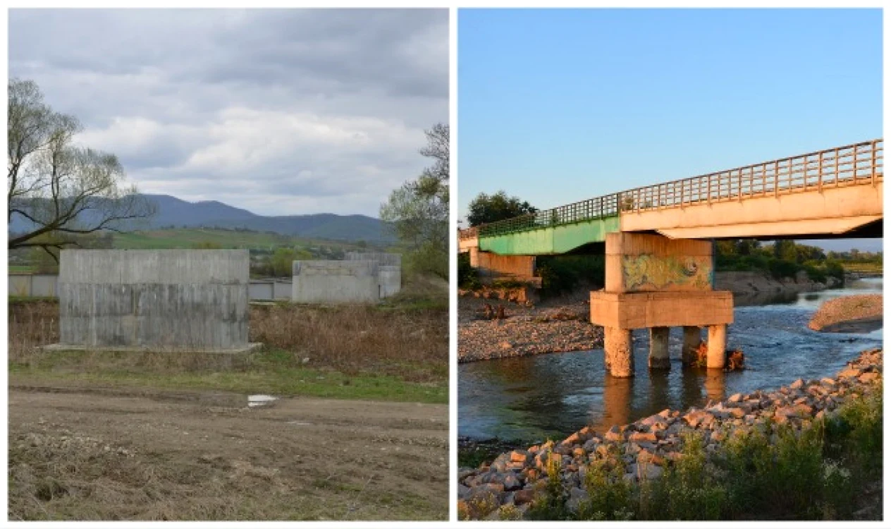 Arc peste timp. Podul din Finiş în 2011 (stânga) când oficial trebuia să fie terminat de 3 ani şi în prezent (dreapta) când stă să se prăbuşească. Statul a plătit pentru construirea lui 2 milioane de lei.