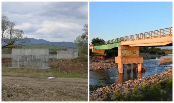 Arc peste timp. Podul din Finiş în 2011 (stânga) când oficial trebuia să fie terminat de 3 ani şi în prezent (dreapta) când stă să se prăbuşească. Statul a plătit pentru construirea lui 2 milioane de lei.