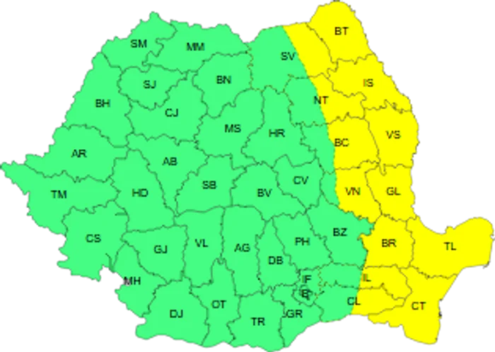 Zone vizate de Codul galben de vânt puternic. FOTO ANM