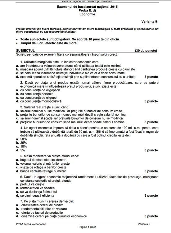 Bac 2015 subiecte. Economie - prima sesiune