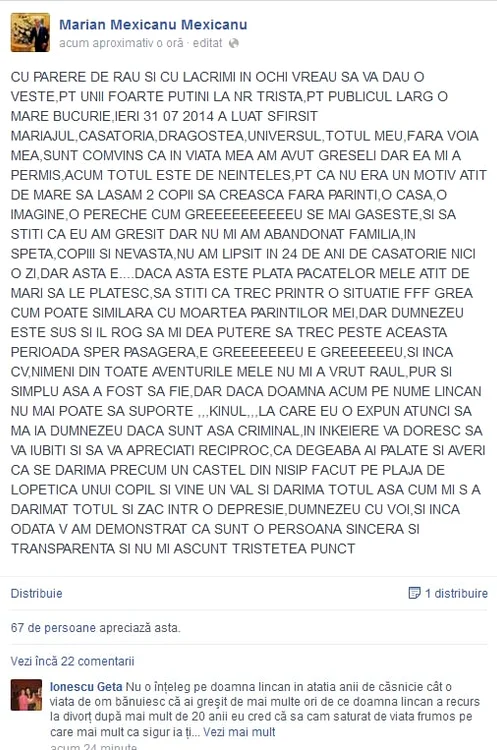 
    Marian Mexicanu şi soţia lui, Paula Lincan, s-au despărţit şi urmează să divorţeze  