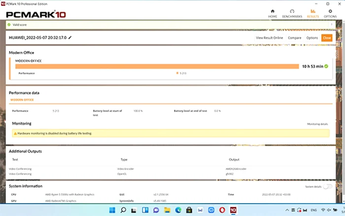 HUAWEI MateBook D15 AMD test PCMark10 baterie