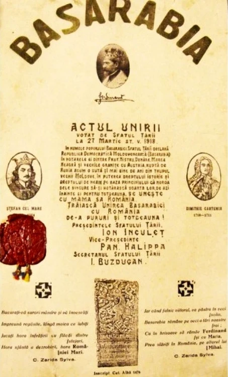 Actul Unirii Basarabiei cu România, adoptat la 27 martie (9 aprilie stil nou) 1918. Sursa: www.timpul.md