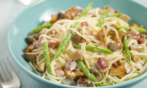 Linguine with Girolle Mushrooms Asparagus and Pancetta jpeg
