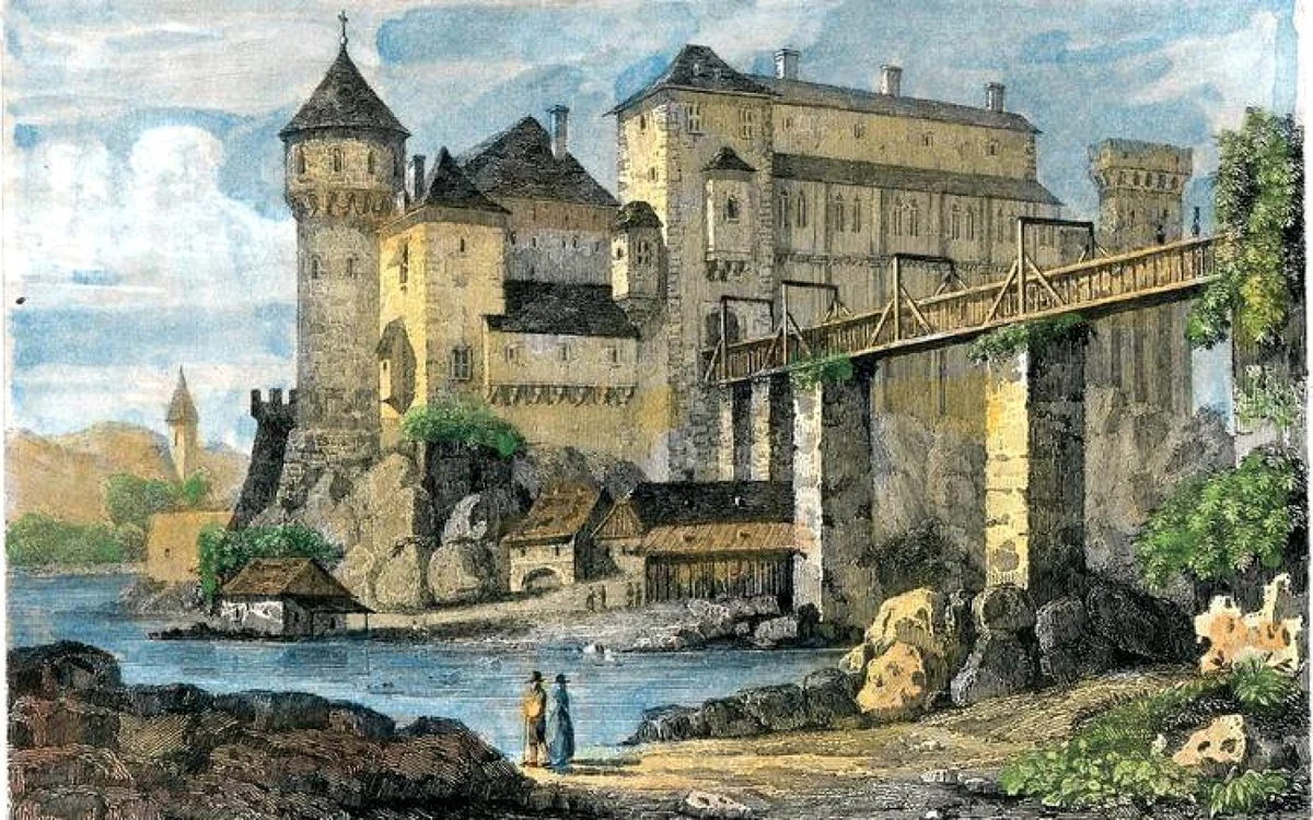 Castelul Corvinilor în 1842, gravură de Augustin Francois Lemaitre