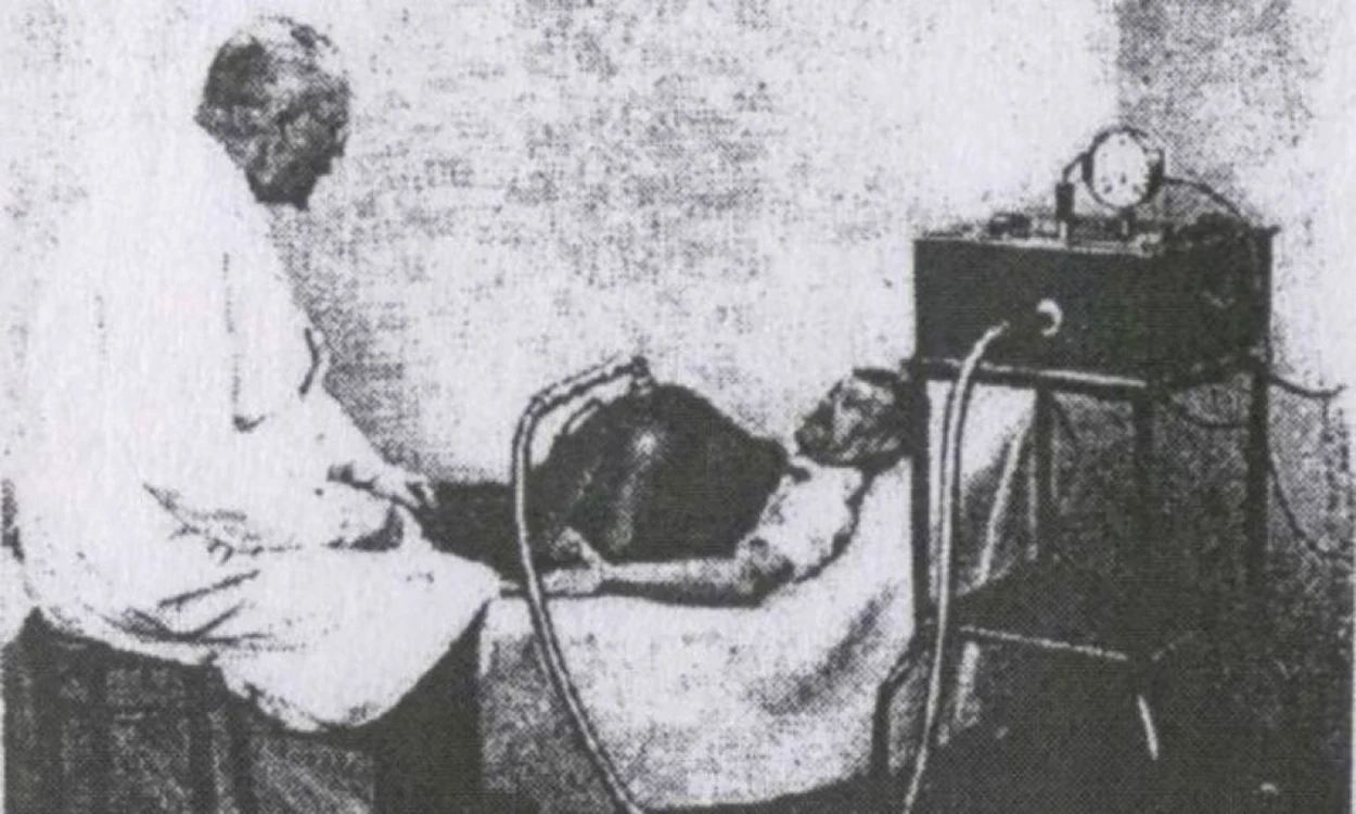 Aparatul inventat de Rudolf Eisenmenger la spitalul din Orăştie, în anul 1903. Foto: delcampe.net