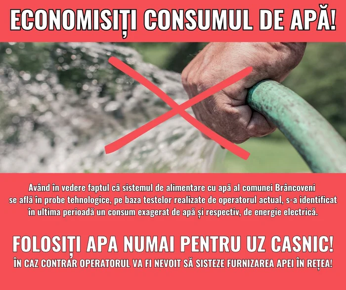 Primăria Brâncoveni, apel pe Facebook pentru un consum rațional FOTO: FB/Brâncoveni
