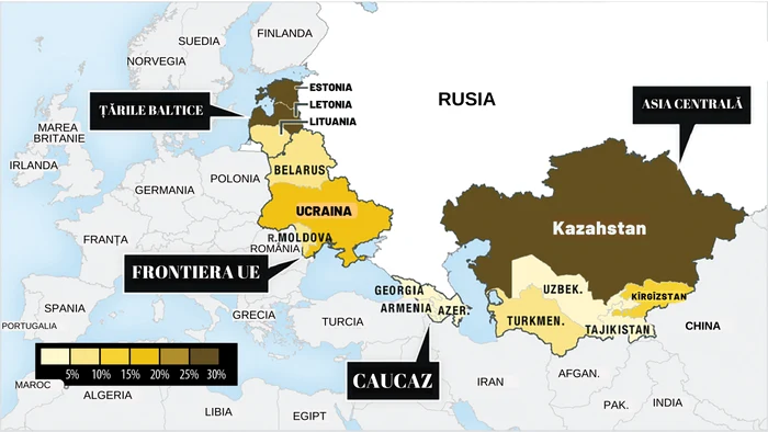 Hartă cu prezență etnică rusă prelucrată pe baza surselor Diviziei de Statistică a Națiunilor 