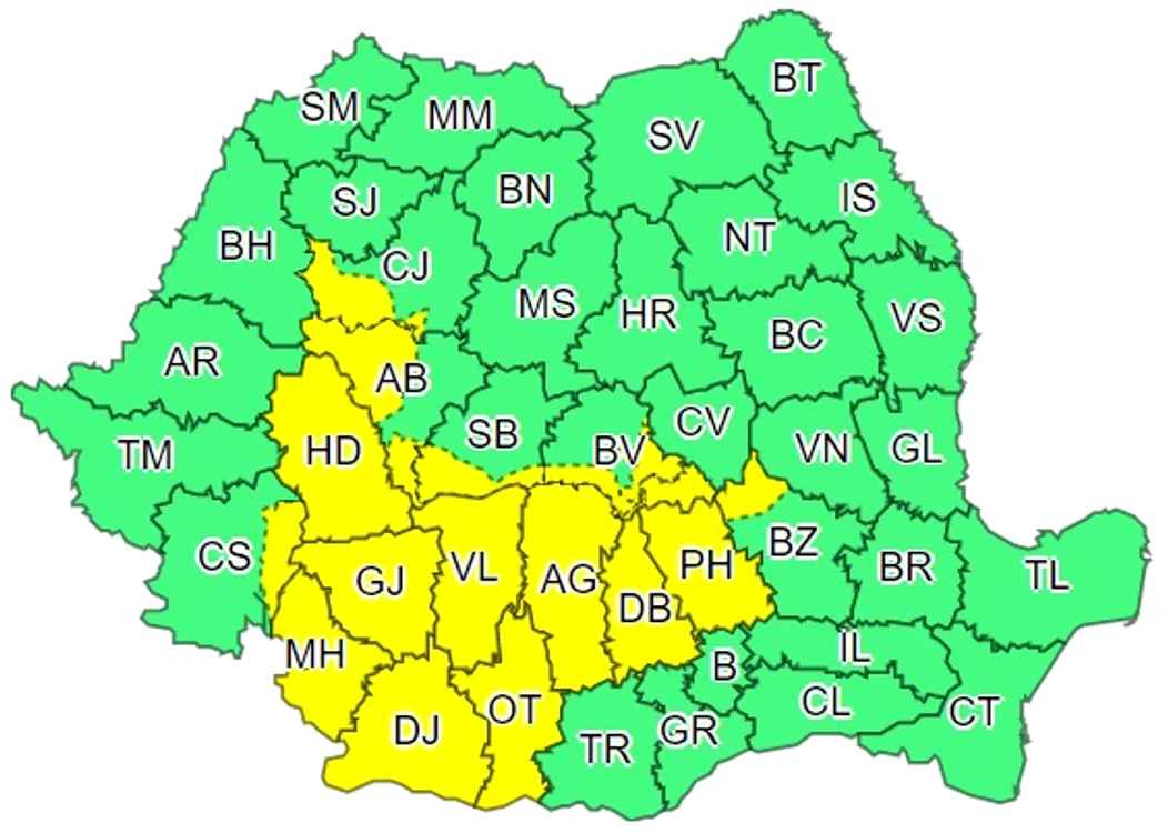 Județele vizate de avertizarea cod galbe. Sursă: captură ANM