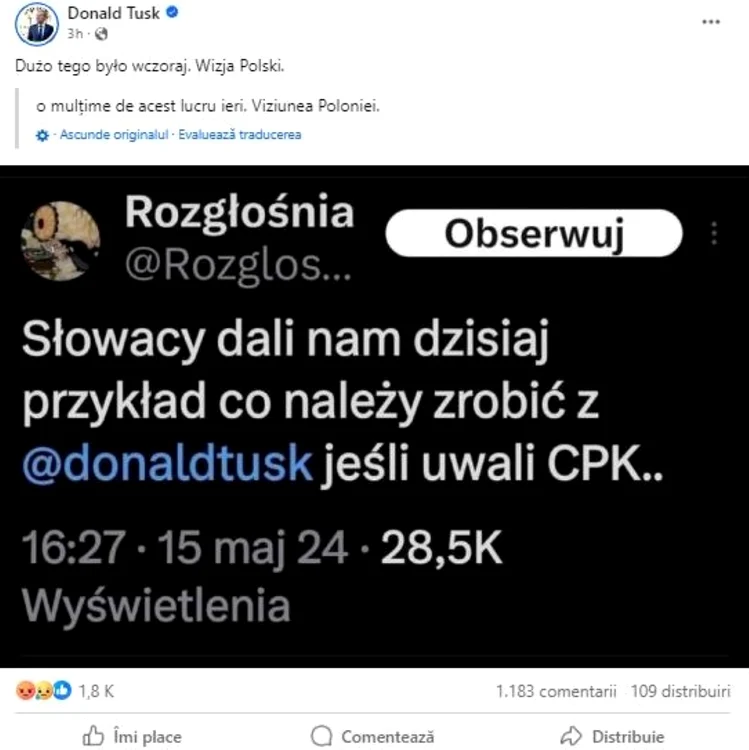 Postarea premierului polonez, foto facebook