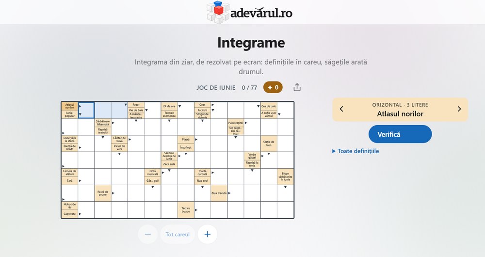 Jocurile zilei de la „Adevărul”. Integrama de joi, 22 octombrie, are 77 de definiții interesante cu tema „Joc de iunie”