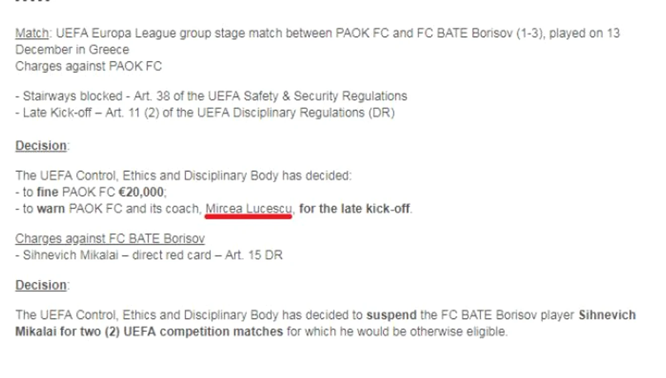 Aşa arată documentul de pe site-ul UEFA care a stârnit hohote de râs atât în Elveţia, cât şi în Grecia