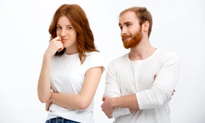 attractive redhead man woman talking jpg