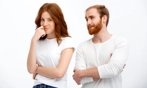 attractive redhead man woman talking jpg