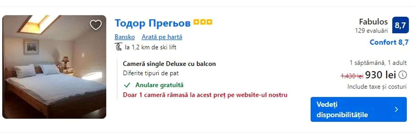 Oferte de cazare în Bansko, Bulgaria, 15-22 decembrie. FOTO: Booking.com