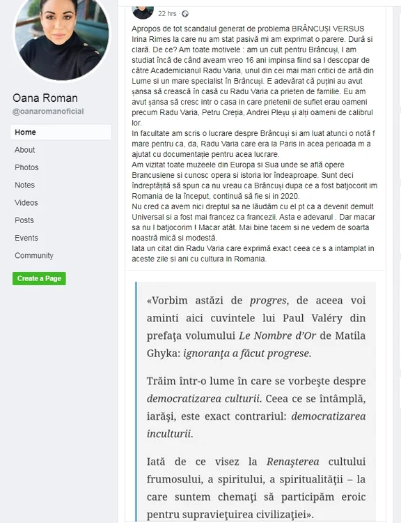 Oana Roman, textul prin care se apără