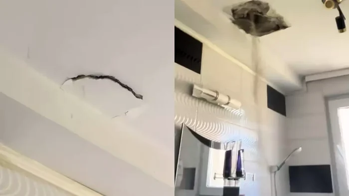 Tavanul unei băi, spart de vecinii de sus în timp ce-și renovau locuința.