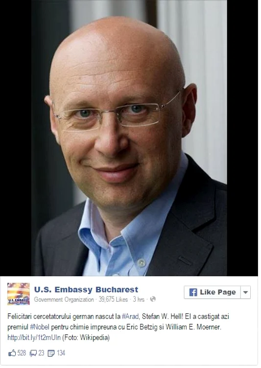 Anunţul de felicitare al Ambasadei S.U.A la bucureşti pentru realizarea lui Stefan W. Hell