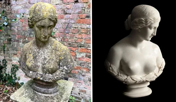 Opera de artă a zăcut neobservată în grădina unei familii (stânga) mai bine de 70 de ani, până când a fost curățată