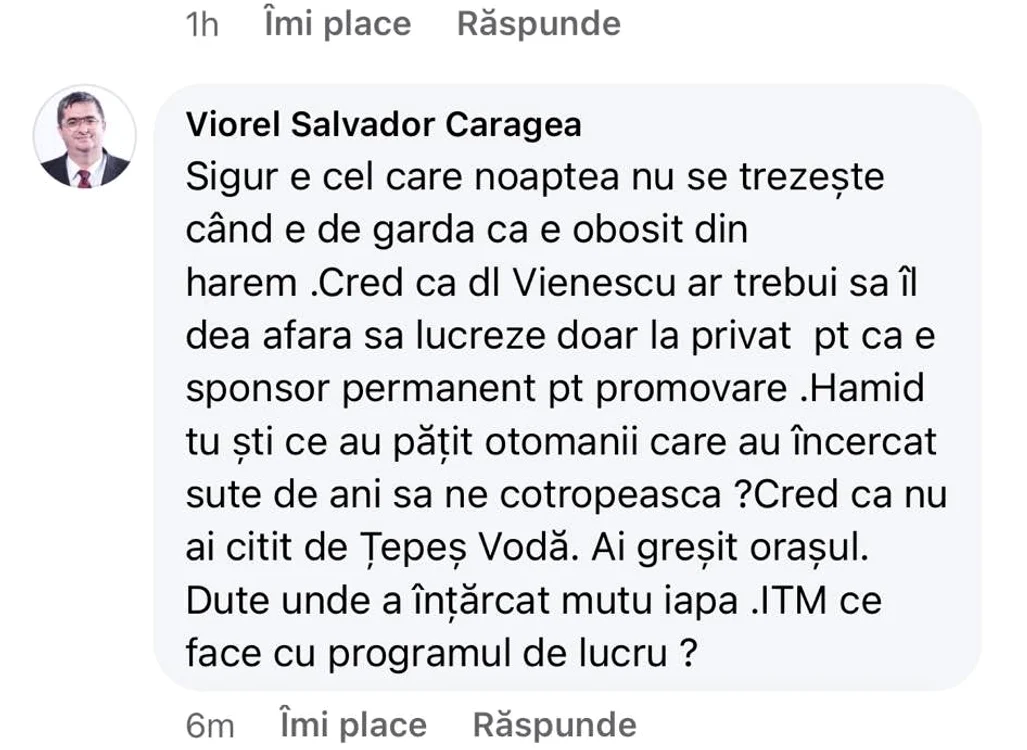 Mesajul postat de Viorel Salvador Caragea la adresa medicului Hmida Foto: Facebook