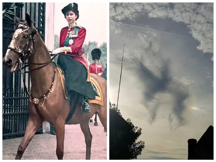 un nor ce seamănă cu Regina în tinerețe, călare pe un cal foto colaj