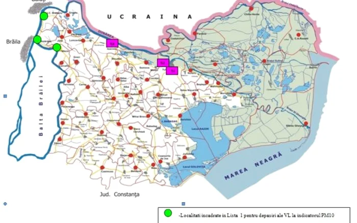 Harta zonelor cu probleme în ceea ce priveşte poluarea aerului (foto: CJ Tulcea)