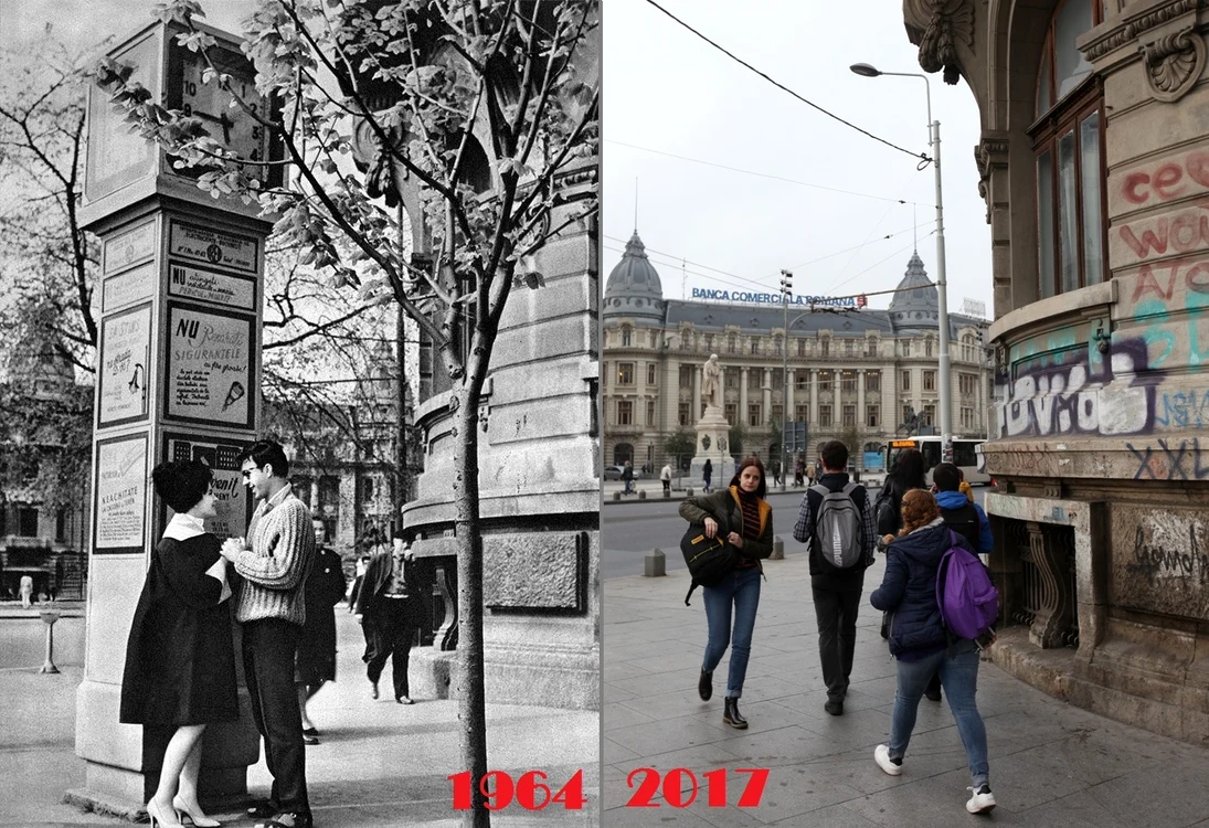 
    Ceasul de la Universitate în 1964 (foto: Facebook/Bucureștiul Secret); Monumentul nu mai există azi (Foto: Dorin Constanda)  