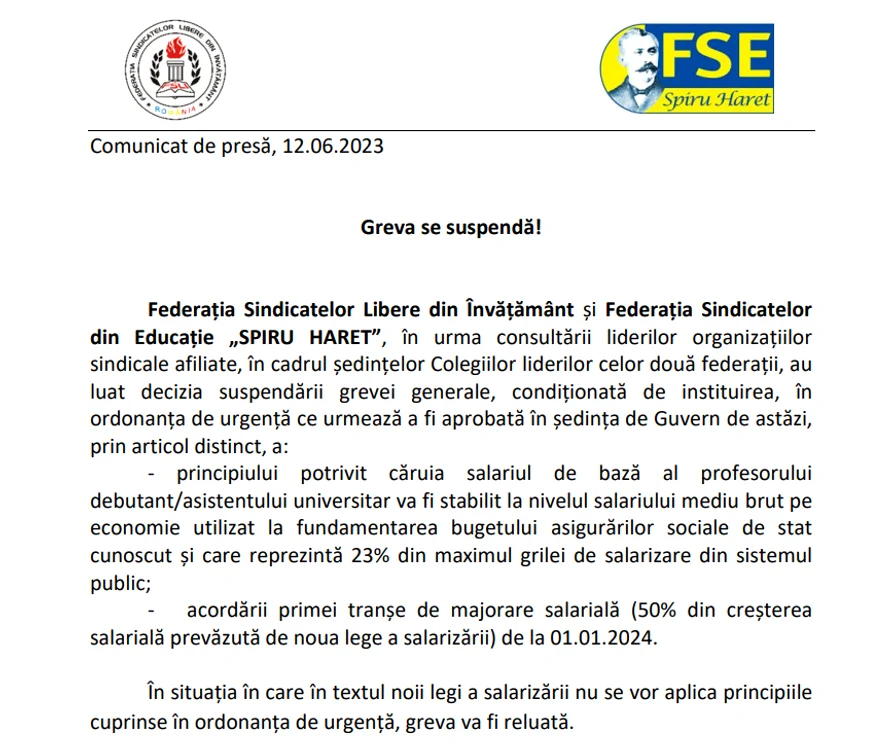Comunicatul de presă al sindicatelor 