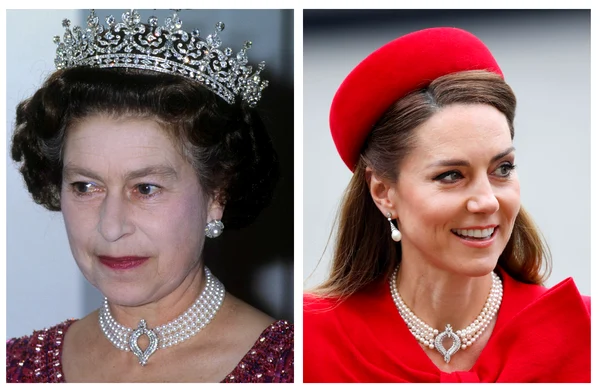 Kate și Regina Elisabeta cu colierul din perle  jpg