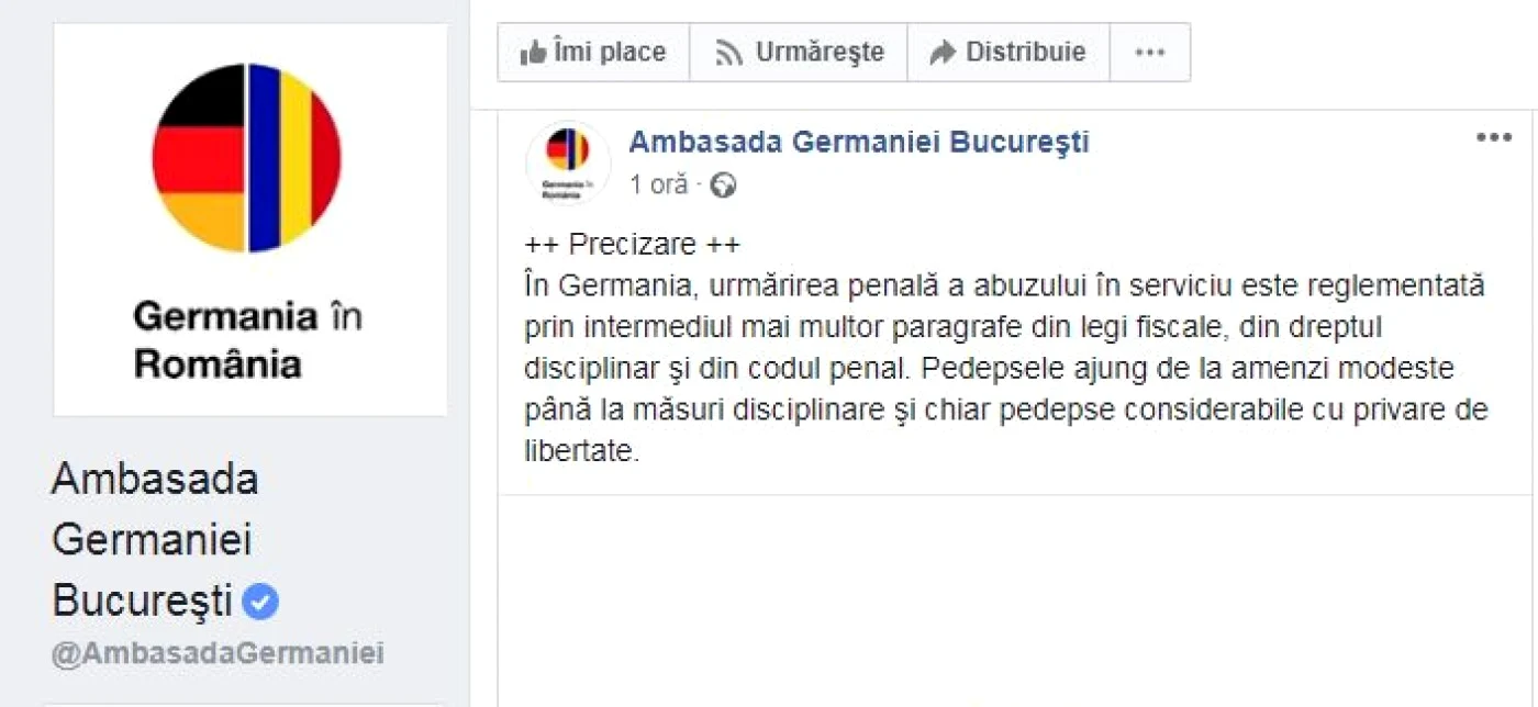 Precizările Ambasadei Germaniei privind abuzul în serviciu