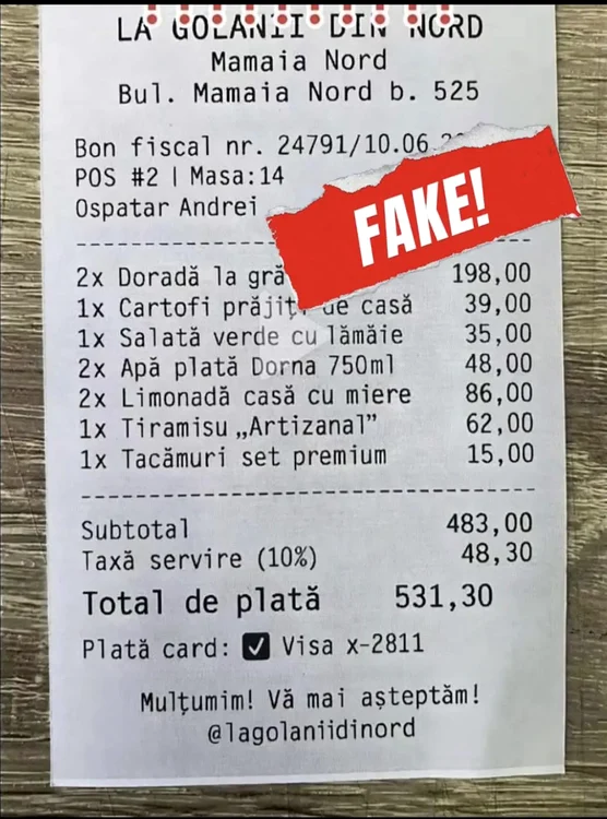Așa-zisul bon de la restaurantul care, de fapt, nu există.