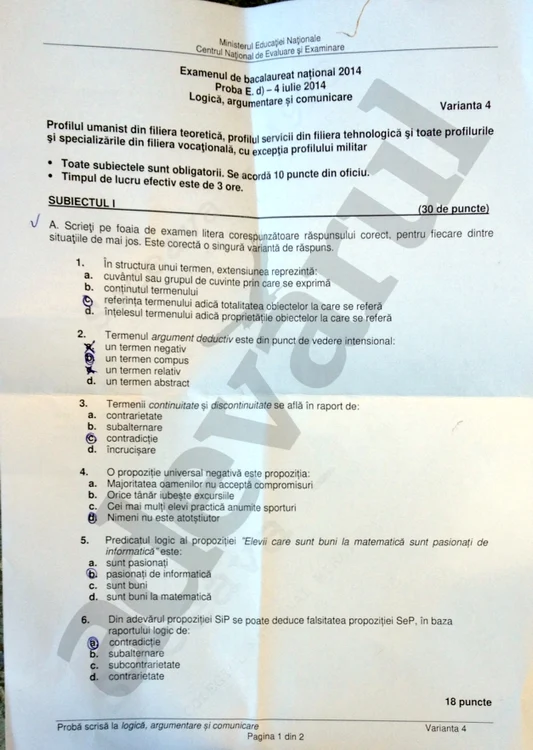 Subiectele la Logică - Bac 2014