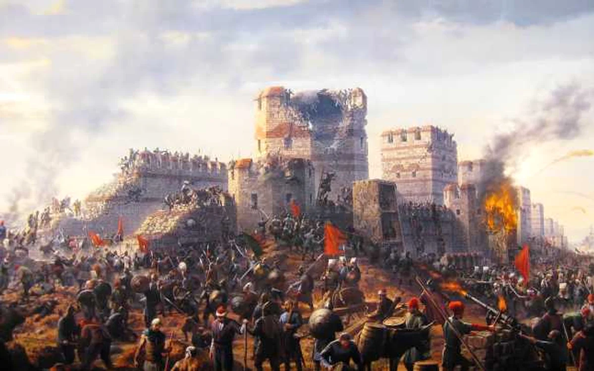 Ilustraţie ce prezintă asedierea Constantinopolului de armata sultanului Mahomed al II-lea