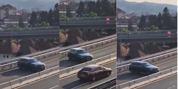 Stranie manevră de întoarcere a unui autoturism pe un pasaj peste calea ferată pe contrasens în Râmnicu Vâlcea - colaj Sursa Facebook Ai parcat ca un bou Vâlcea