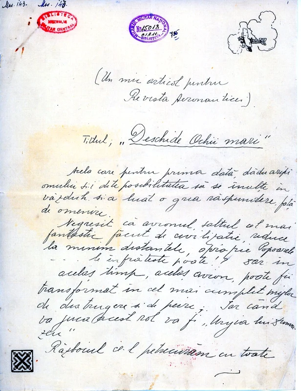 „Deschide ochii mari”, un manuscris redactat de Romeo Popescu  (© Muzeul Militar Național “Regele Ferdinand I”)