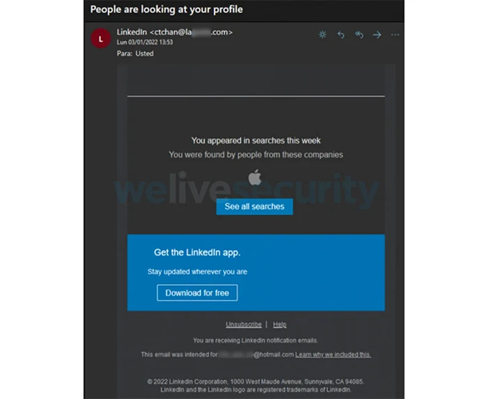 Email de phishing pe Linkedin