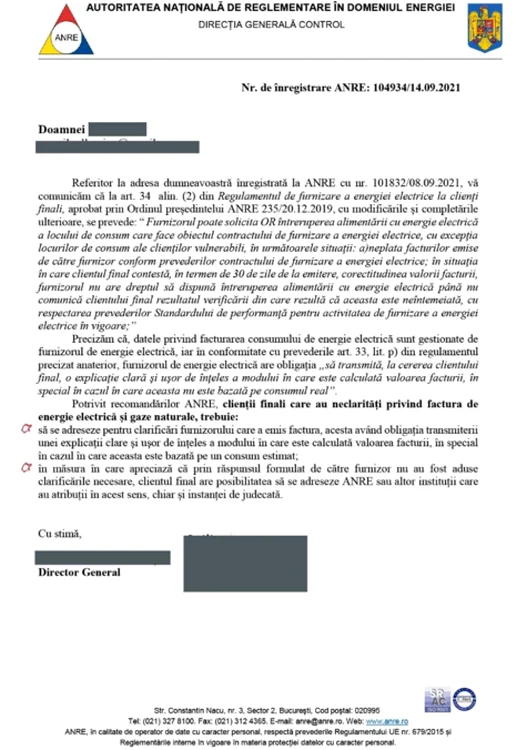  răspunsul ANRE care confirmă faptul că putem amâna plata facturii contestate până la soluţionare.