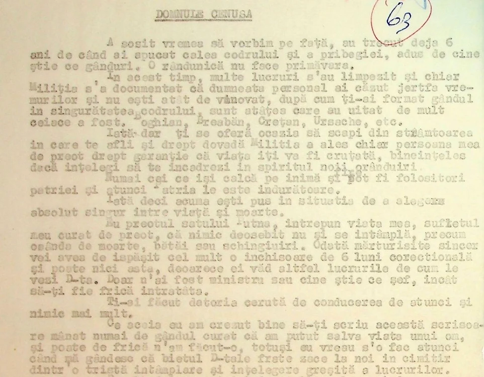 Scrisoarea transmisă de preot partizanului FOTO CNSAS