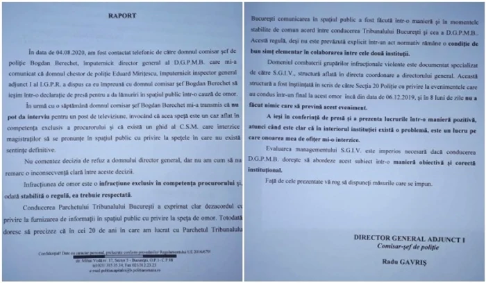 Raportul trimis de comisarul șef Radu Gavriș prin care îi acuză de incompetență pe șeful Poliției Capitalei și cel al Structurii Grupări Infracționale Violente