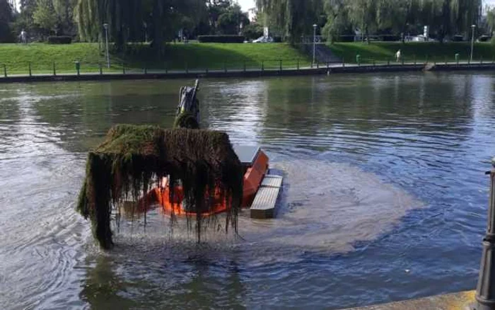 Imagine cu utilajul amfibiu ce scoate vegetaţia acvatică din Someşul Mic  FOTO: Administraţia Bazinală de Apă Someş-Tisa