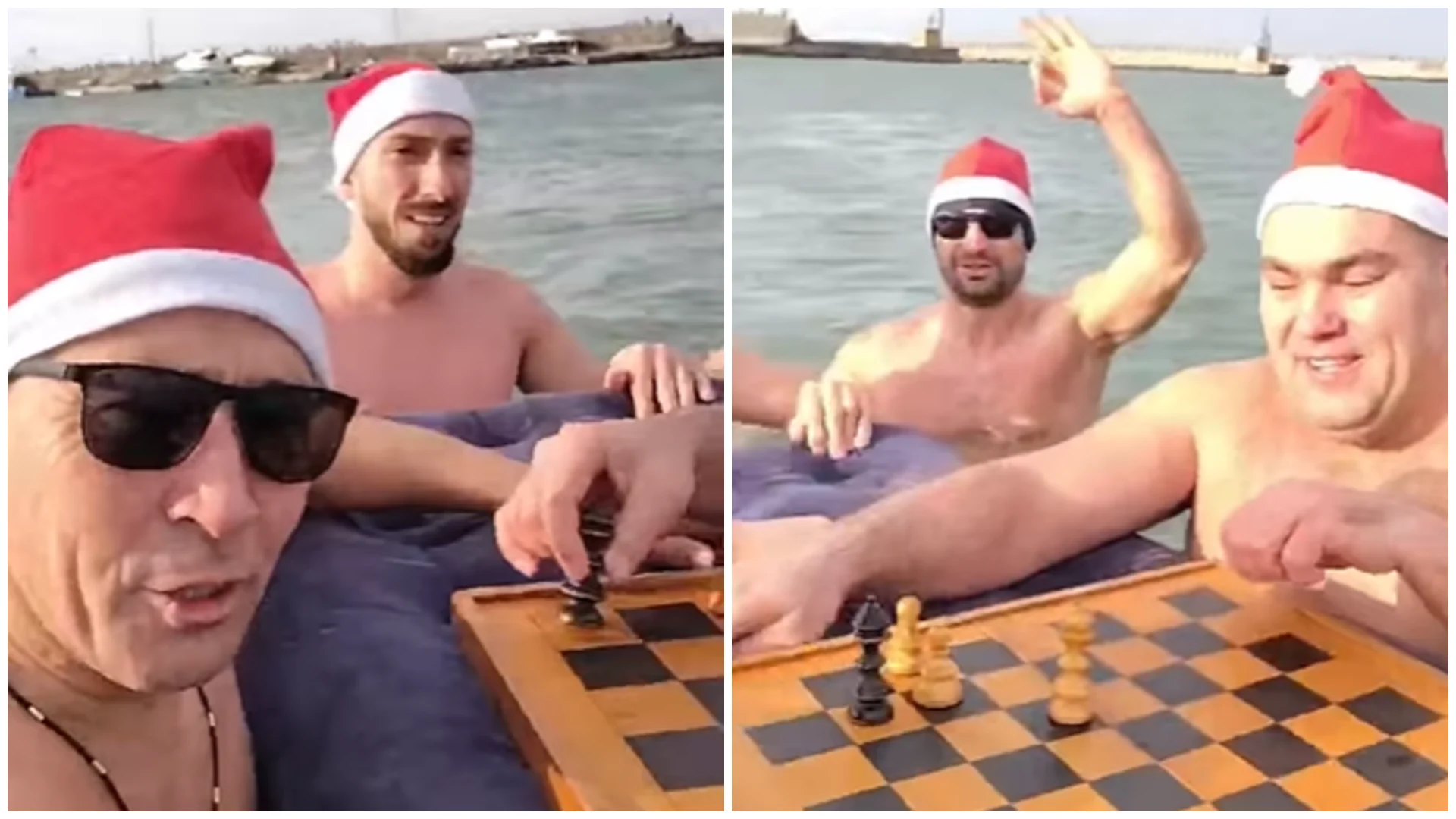 Patru bărbați au jucat șah pe o saltea gonflabilă, în apele Mării Negre, în a doua zi de Crăciun
