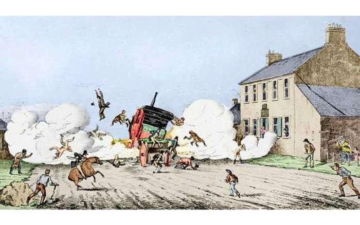 Ilustraţie a primului accident rutier produs în lume la 29 iulie 1834. FOTO www.itsp.cicei.com