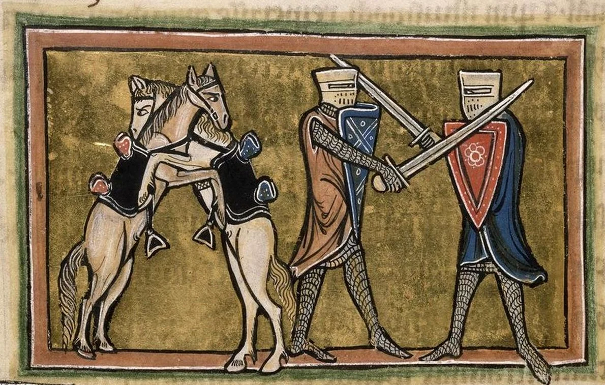 O miniatură medievală reprezentând doi cavaleri luptând pe jos cu săbii, în timp ce caii lor se luptă unul cu celălalt. Manuscris aflat în colecția British Library (© europeana.eu)