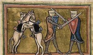 O miniatură medievală reprezentând doi cavaleri luptând pe jos cu săbii, în timp ce caii lor se luptă unul cu celălalt. Manuscris aflat în colecția British Library (© europeana.eu)